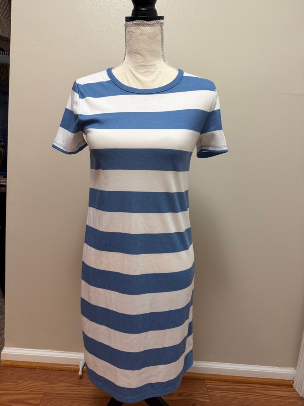 Michael Kors Blue and White Striped Mini T-Shirt Dress